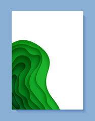 Abstract green background in paper cut style. 3d layout wallpaper cut out from cardboard. Modern template with abstract curve shapes. Vector environmental card with papercut waves for business poster.