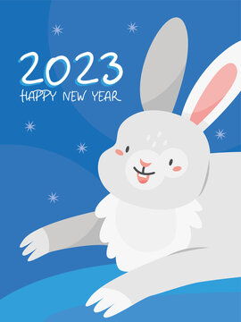 The design of the New Year's postcard 2023 rabbit. A card with a cute happy rabbit in cartoon style and the text happy new year.