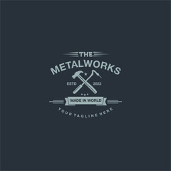 Letter M welding logo, welder silhouette working with weld helmet in simple and modern design style
