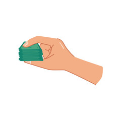 Banknotes in hand, isolated arm holding pile or stack of money in cash. Paying or saving financial assets, earning and wasting. Vector in flat cartoon style