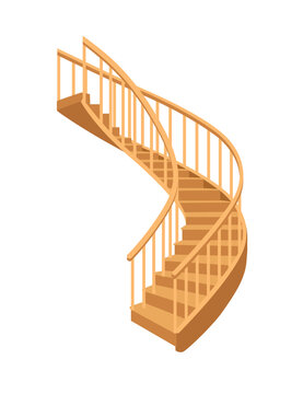 Wood spiral stairs indoor construction classic design vector illustration isolated on white background