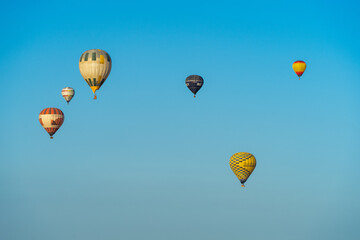 hot air balloons fly in the blue sky
