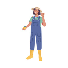 Female character with harvested apple in hands, isolated farmer working in agricultural business. Horticulture and harvesting season. Vector in flat cartoon style