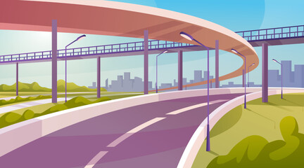 Traffic road or communication between cities. Highway with bridge and passage for pedestrians. Lanterns and greenery on sideways. Vector in flat cartoon style