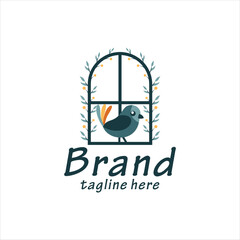 Windows and Cute Bird logo design inspiration with Leaf Ornament.
