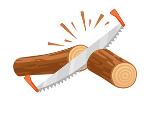 Sawing wooden log with dual handsaw vector illustration isolated on white background