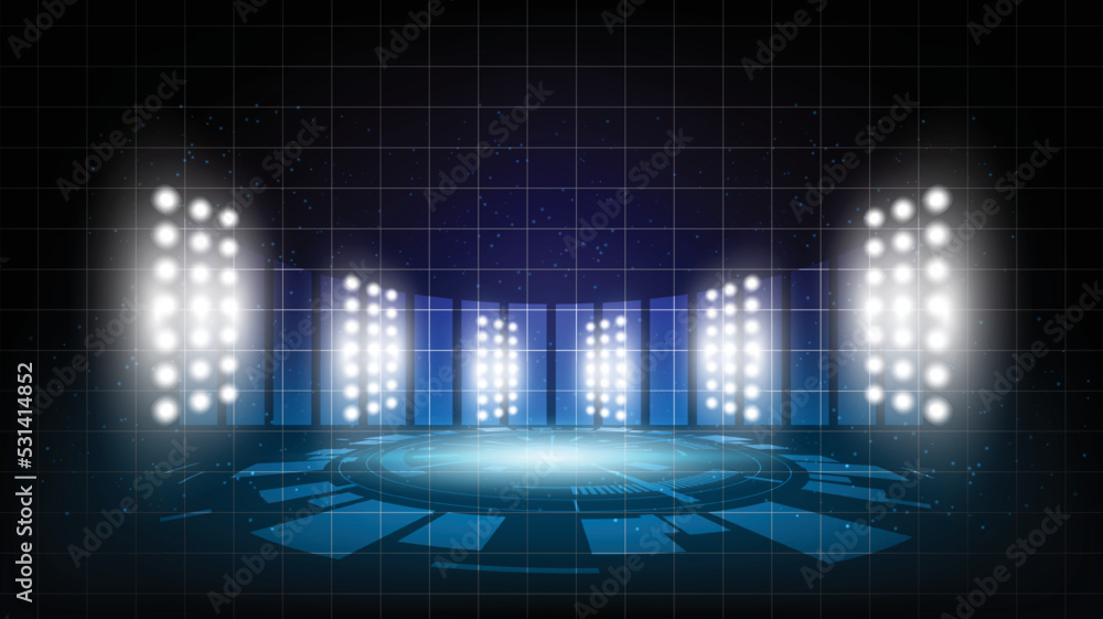 Poster abstract background stadium stage hall with scenic lights of round futuristic technology user interf