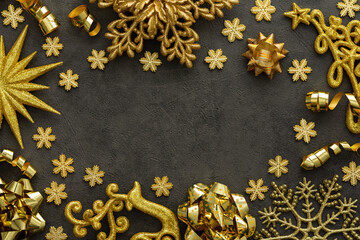 Merry Christmas and New Year, various festive decorative snowflakes and Christmas tree, deer and star, paper streamers in gold color on black background