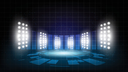 Abstract background stadium stage hall with scenic lights of round futuristic technology user interface Blue vector lighting empty stage spotlight background.