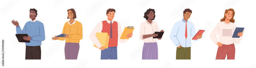 Poster People managing process, isolated managers or business workers with notebooks checking and controlling. Directors or employees. Vector in flat cartoon style