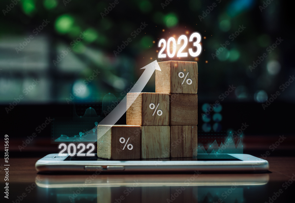 Poster shining rise up arrow on wood blocks chart steps with percentage icons and graph from year 2022 to 2