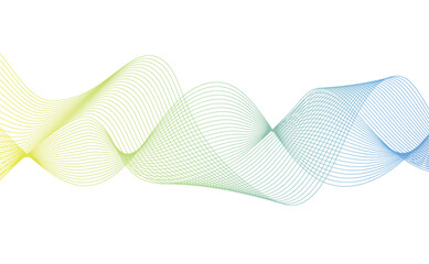 Fototapeta premium Abstract yellow-blue linear wave isolated on a white background. Dynamic sound wave. A wave with lines created with the Blend Tool. Design element. Vector illustration EPS 10