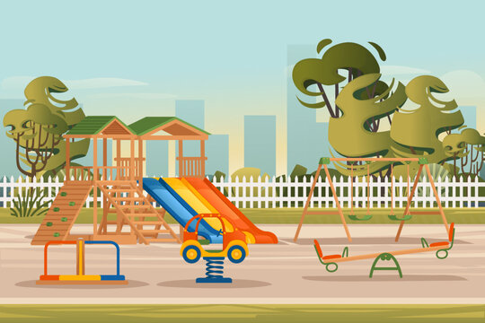 Kids playground in public park with trees and city on background landscape vector illustration