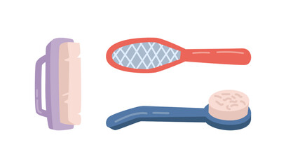 Pedicure and manicure equipment and tools for procedures with nails. Brushes with handles and fingernail file, scrubber for feet. Vector in flat cartoon style