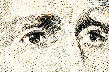 Contemporary artwork close up president banknotes face. Digital texture backdrop. Trendy pop art fun culture. Neural network art poster. Funky punk collage design. Creative concept money illustration.