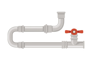 Metal pipeline for water flowing industrial construction with red valve vector illustration isolated on white background