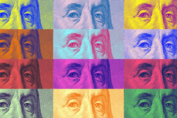 Contemporary artwork close up president banknotes face. Digital texture backdrop. Trendy pop art fun culture. Neural network art poster. Funky punk collage design. Creative concept money illustration.