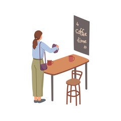 Employee making coffee on break, isolated female character pouring water into cup. Preparing warm beverages in office to relax. Vector in flat cartoon style