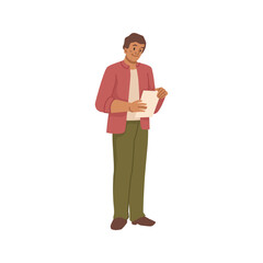 Employee or worker of company or firm holding report or business document in hands. Isolated male character secretary or boss. Vector in flat cartoon style