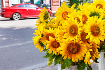 A bouquet of yellow sunflowers against the backdrop of a city street on a sunny day.