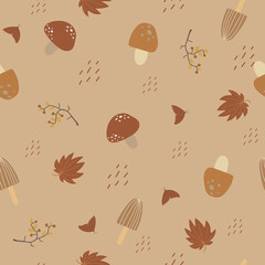 autumn leaves and mushrooms seamless pattern and digital paper
