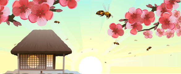 Traditional Japanese house. Blooming vichy fruit tree and bees. Rural dwelling with thatched roof. illustration vector.
