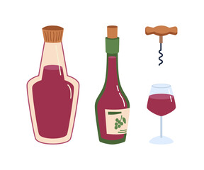Wine in bottle and corkscrew to open glass jar. Isolated alcoholic beverage for picnic or special occasion. Drinking tasty liqueur. Vector in flat cartoon style