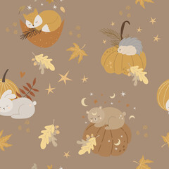 Obraz na płótnie Canvas Sleeping animal babies, autumn pumpkins, seamless pattern and digital paper
