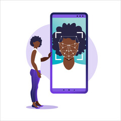 Face ID, face recognition system. Facial biometric identification system scanning on smartphone. Facial recognition system concept. Mobile app for face recognition. Vector illustration.