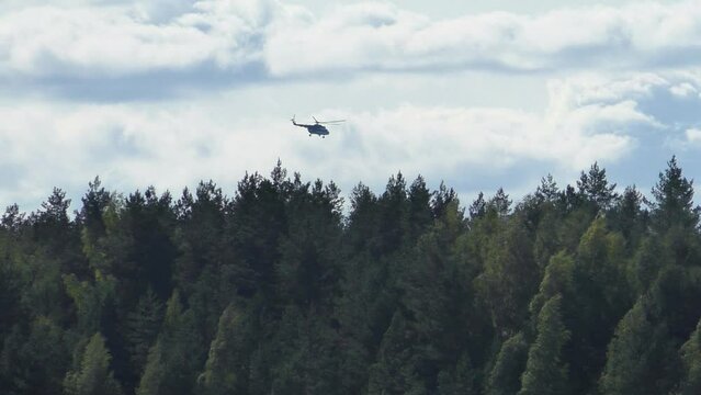 A rescue helicopter is flying over the forest. Search flying transport observer inspects wildlife.