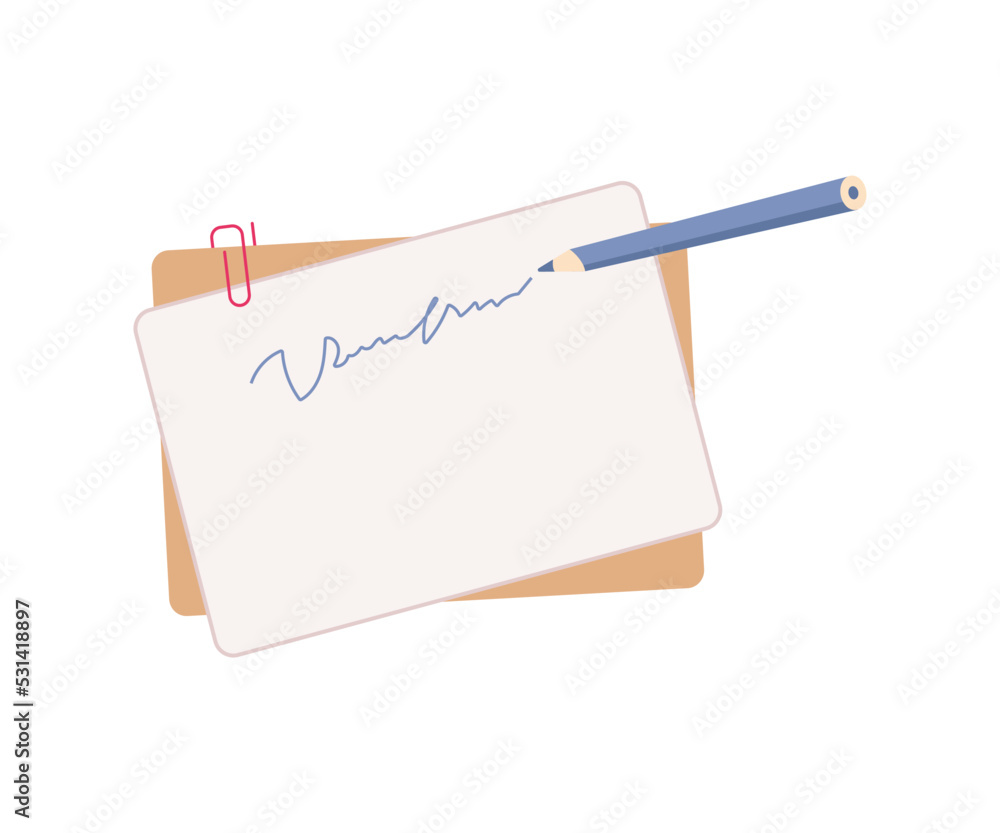 Poster Writing on empty document page, isolated clip of papers for leaving notes. Office supplies and secretary work, put down comment. Vector in flat cartoon style