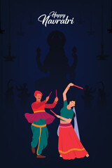 Happy Navratri Text with vector illustration of Woman and Man playing Dandiya dance, Garba night poster for Navratri Dussehra festival of India.
