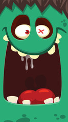 Funny cartoon monster face.  Illustration of cute and happy monster expression. Halloween design. Great for party decoration
