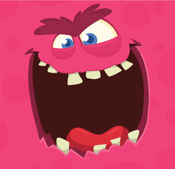 Funny cartoon monster face.  Illustration of cute and happy monster expression. Halloween design. Great for party decoration