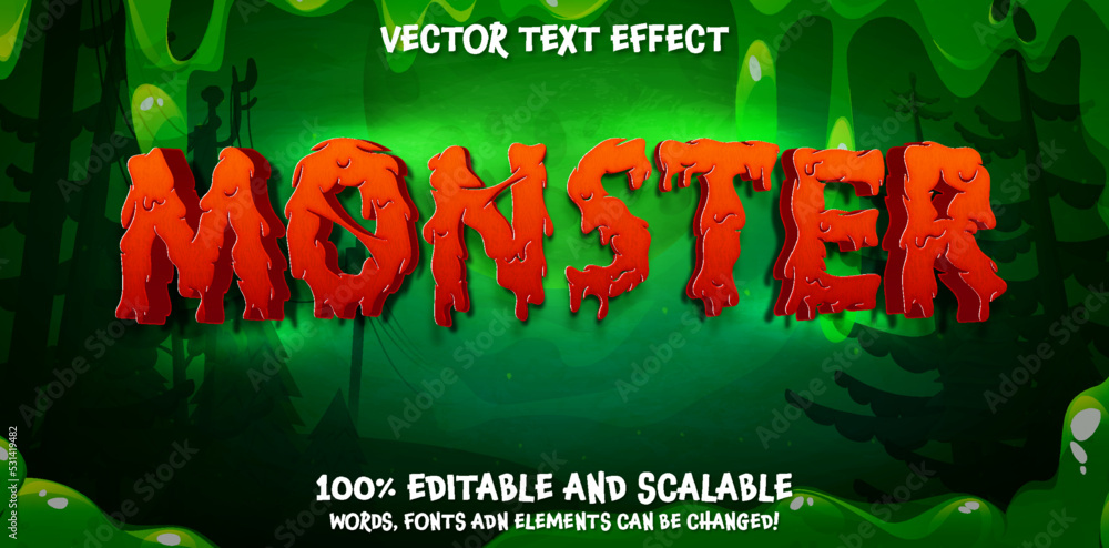 Aufkleber monster text, 3d editable creepy style text effect vector design template