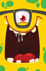 Cartoon monster face with funy expression opened mouth  blank space  banner for text. Vector illustration. Isolated. Halloween design element for banner or decoration party