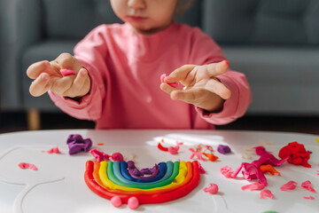 Child hands creating rainbow from play dough for modeling. Art Activity for Kids. Fine motor skills. Sensory play for toddlers. - obrazy, fototapety, plakaty
