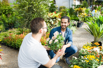 Beautiful gay couple choosing flowers to buy for their home