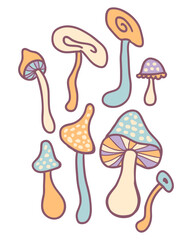Whimsical fungus mushrooms retro psychedelic print. Perfect for tee, posters, stickers. Hand drawn vector illustration for decor and design.