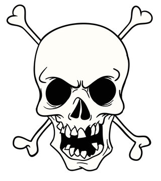 Cartoon skull with crossed bones. Grim reaper character. Halloween skeleton design for party invitation, poster, logo or icon. Vector skull face illustration