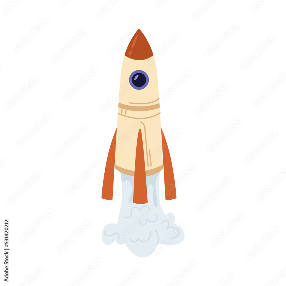 Poster Launching of rocket into space. Isolated cylindrical projectile, cosmos exploration and science discoveries in galaxy and universe. Vector in flat cartoon style