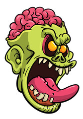 Cartoon funny green zombie character design with scary face expression. Halloween vector illustration isolated on white. Party poster or package design