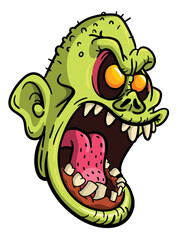 Cartoon funny green zombie character design with scary face expression. Halloween vector illustration isolated on white. Party poster or package design