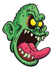 Cartoon funny green zombie character design with scary face expression. Halloween vector illustration isolated on white. Party poster or package design