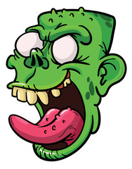 Cartoon funny green zombie character design with scary face expression. Halloween vector illustration isolated on white. Party poster or package design