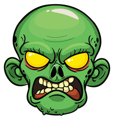 Cartoon funny green zombie character design with scary face expression. Halloween vector illustration isolated on white. Party poster or package design