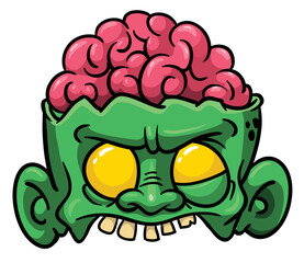 Cartoon funny green zombie character design with scary face expression. Halloween vector illustration isolated on white. Party poster or package design