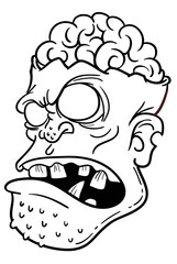 Cartoon funny green zombie character design with scary face expression. Halloween vector illustration isolated on white. Party poster or package design