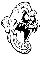 Cartoon funny green zombie character design with scary face expression. Halloween vector illustration isolated on white. Party poster or package design