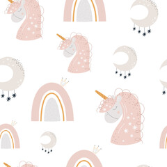 Seamless pattern of pink unicorns and rainbows. Excellent design for creating fabrics for children